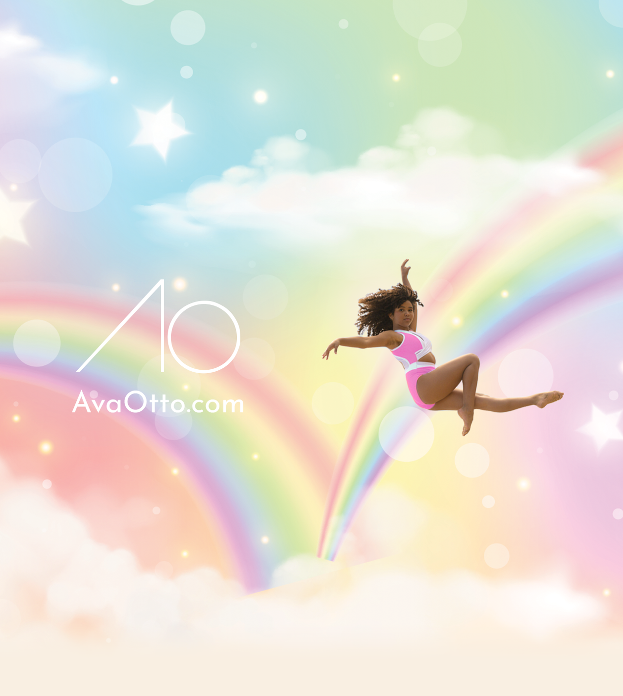 Ava Otto floating in air in a dance pose with rainbow and stars and clouds in the background