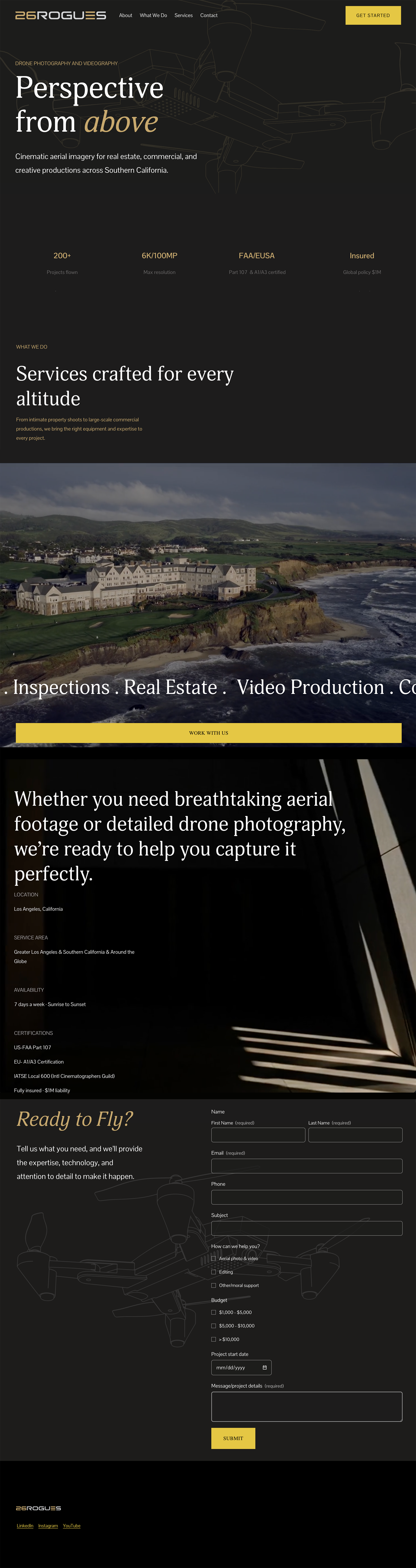 Website for 26rogues.com, black background with drone image of estate along the Pacific ocean