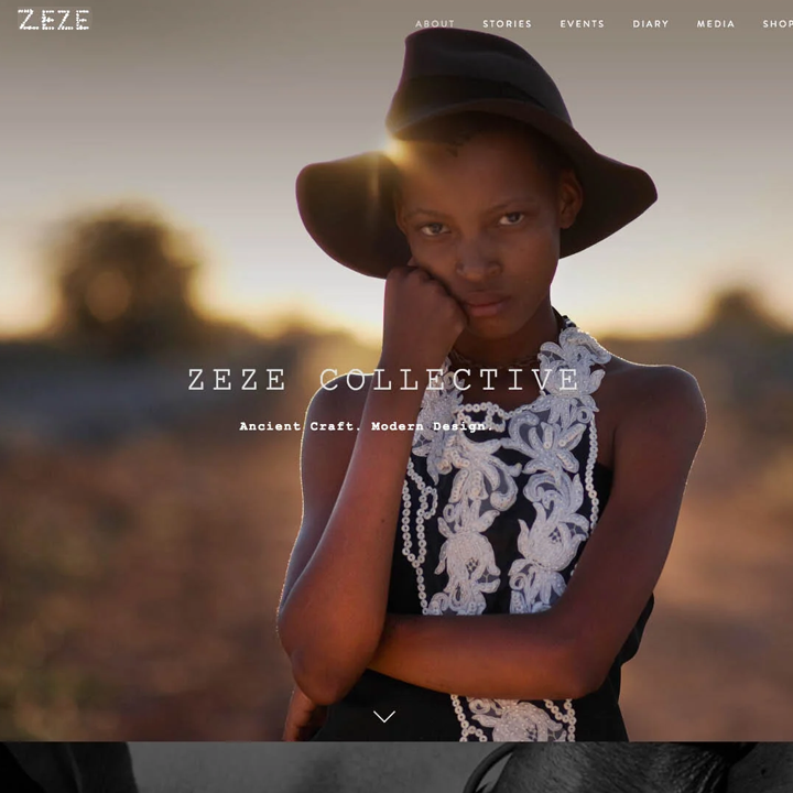 Homepage for ZeZe Collective with young girl from the Kalahari desert wearing a hat looking at the camera with her arm crossed in front