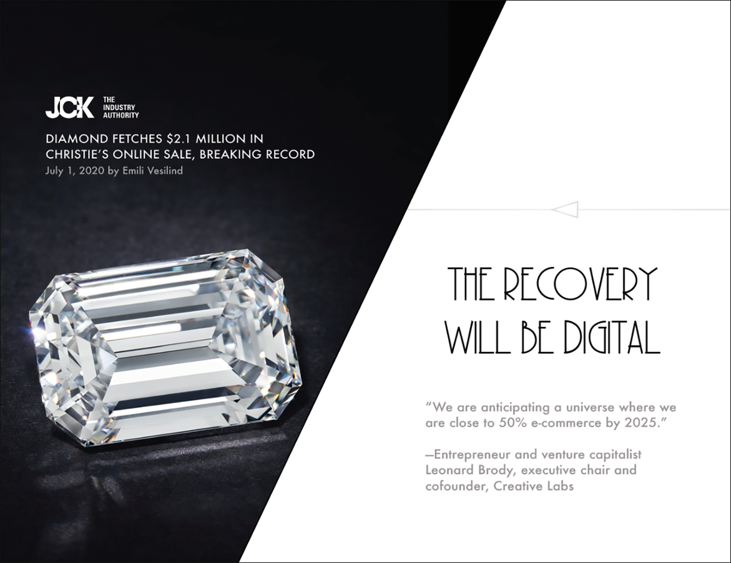 Diamond in black and white with title "The Recovery Will Be Digital" in 1920's style font with JCK logo on upper left