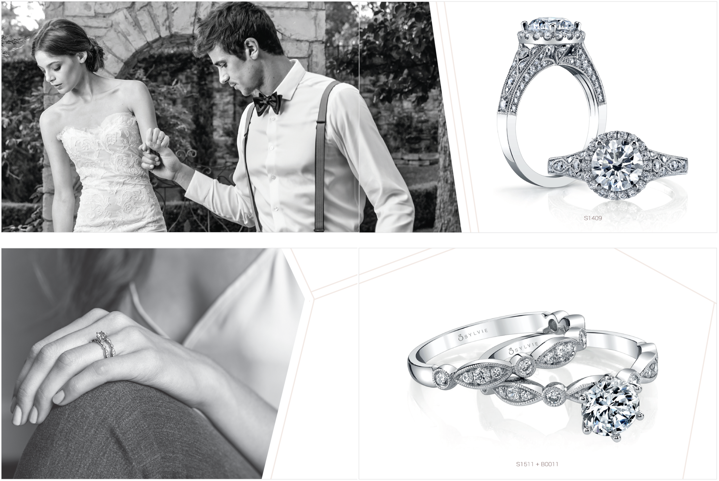 Graphic brochure featuring black and white photo of couple holding hands and getting married with Sylvie wedding rings on the side