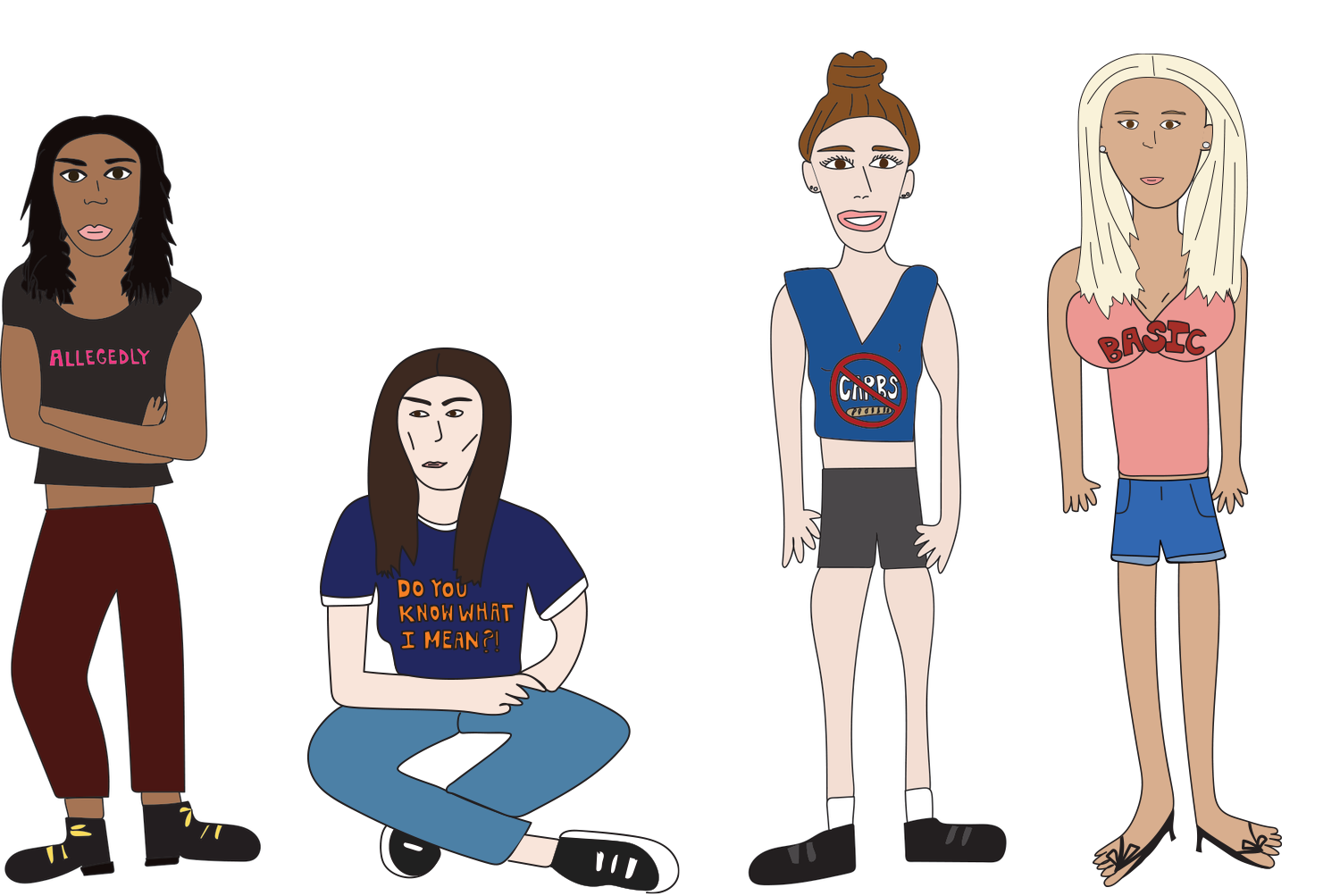Group of four handdrawn women with various words on their shirts showcasing their winning personalities