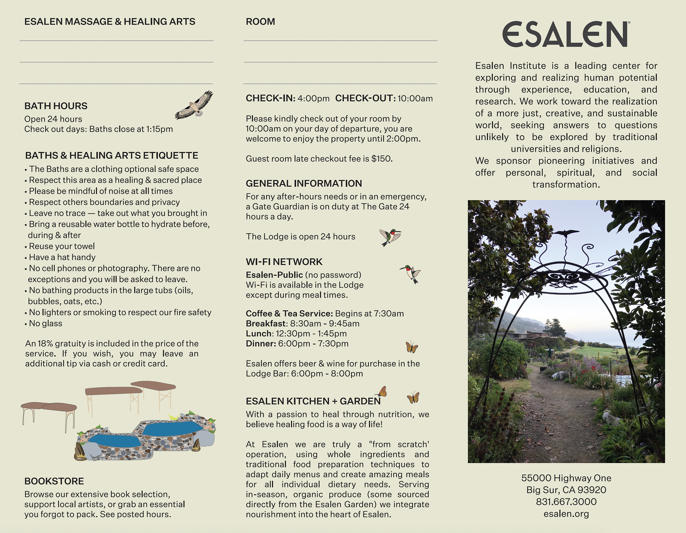 Esalen campus map trifold outside with bio and about baths, bookstore, general info