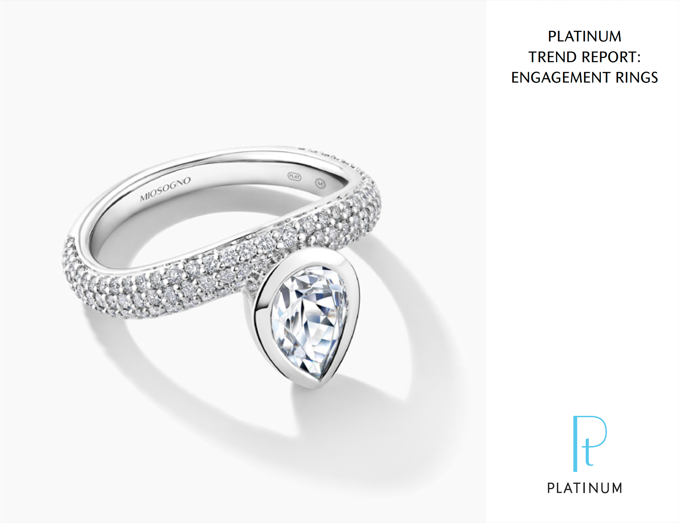 Diamond ring in black and white on the cover with the Platinum logo on bottom left for the Platinum Trend Report on Engagement Rings