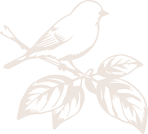 Logomark of the bird on a basil in light pinkish tan