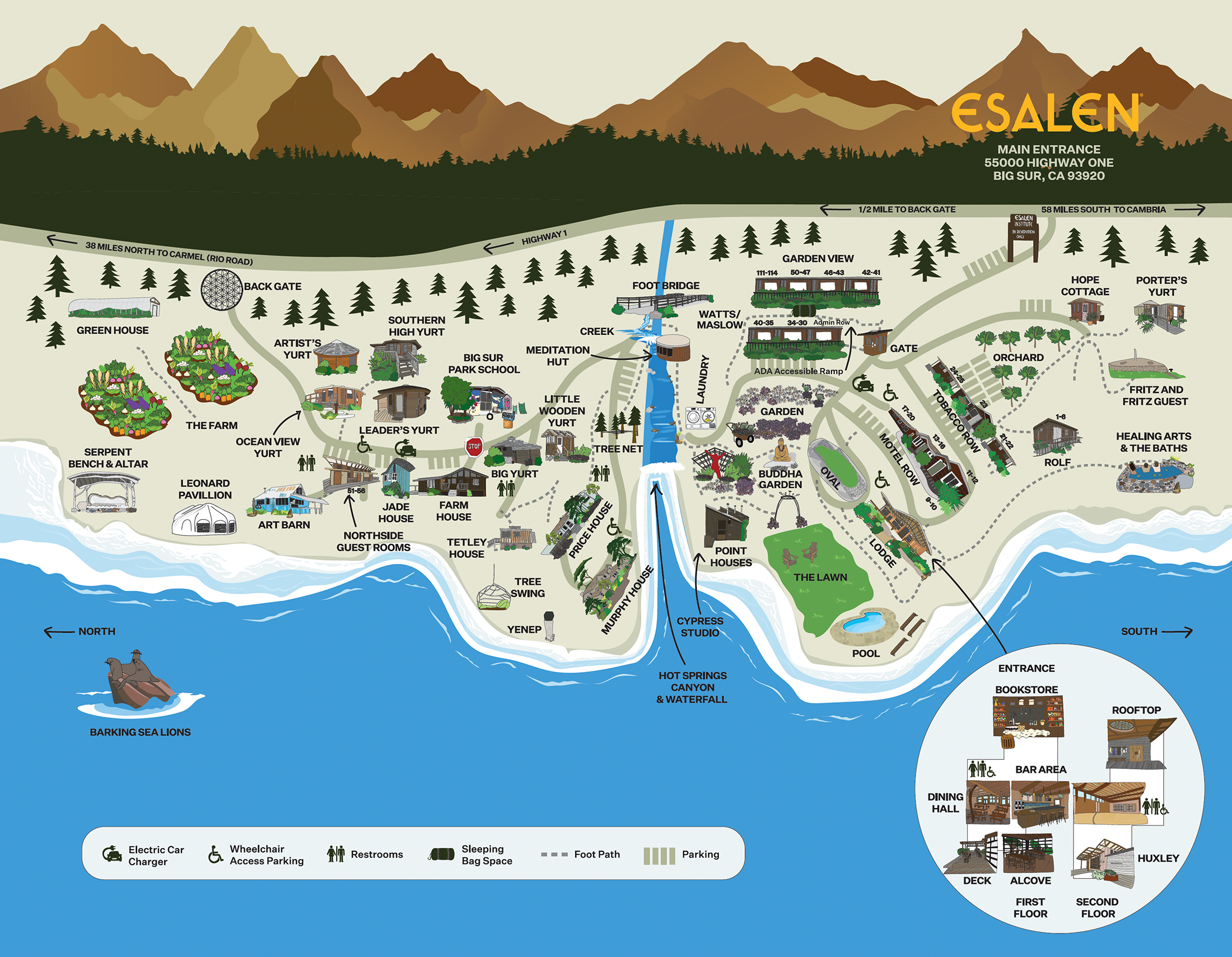 Esalen campus map trifold inside with custom illustrations of campus and ocean
