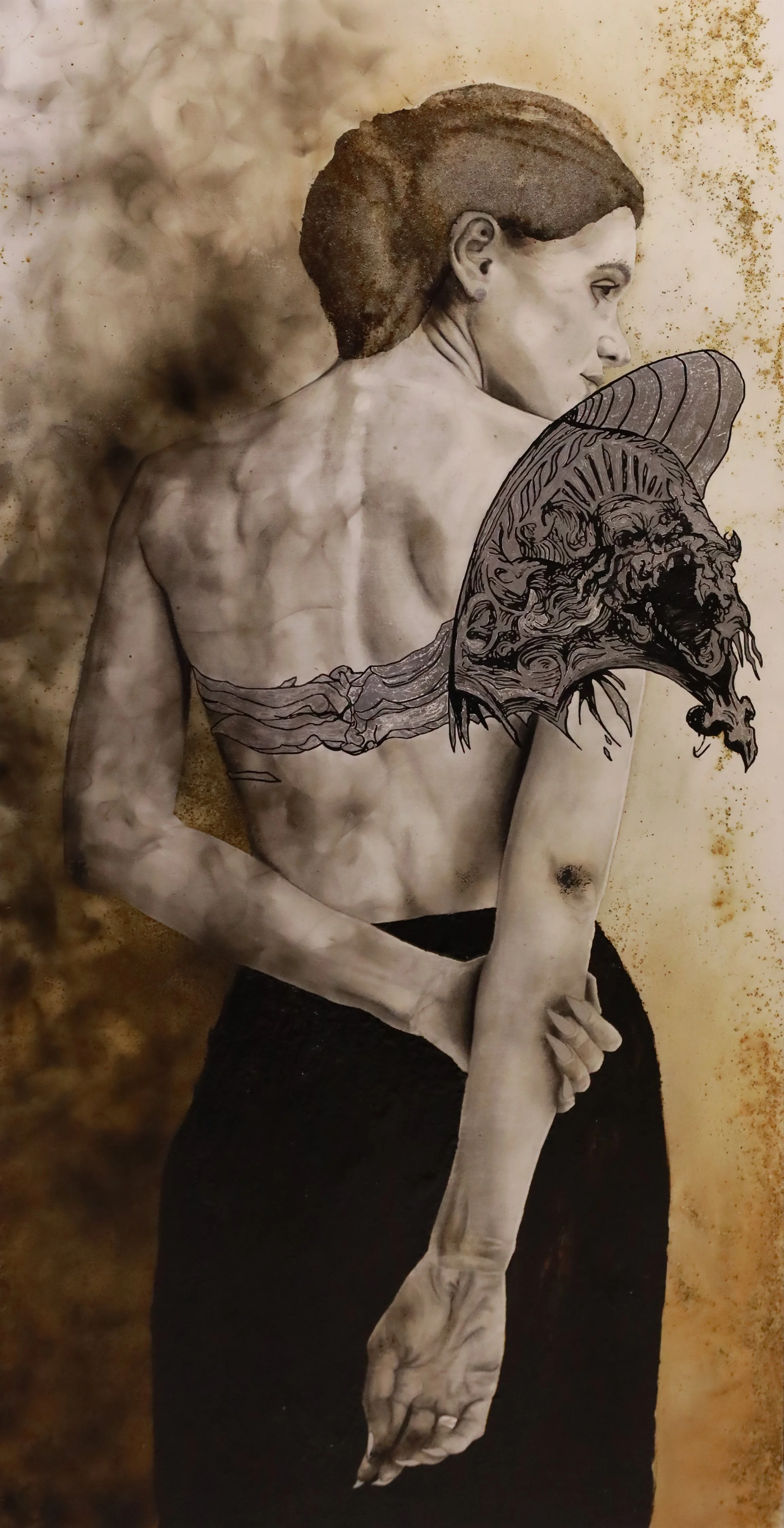 I've Got Armor Pity On Isn't It Pretty
48”H x 24W” (121.92 cm x 60.96 cm)
gun powder, fire, smoke, tar, silver
on wood panel