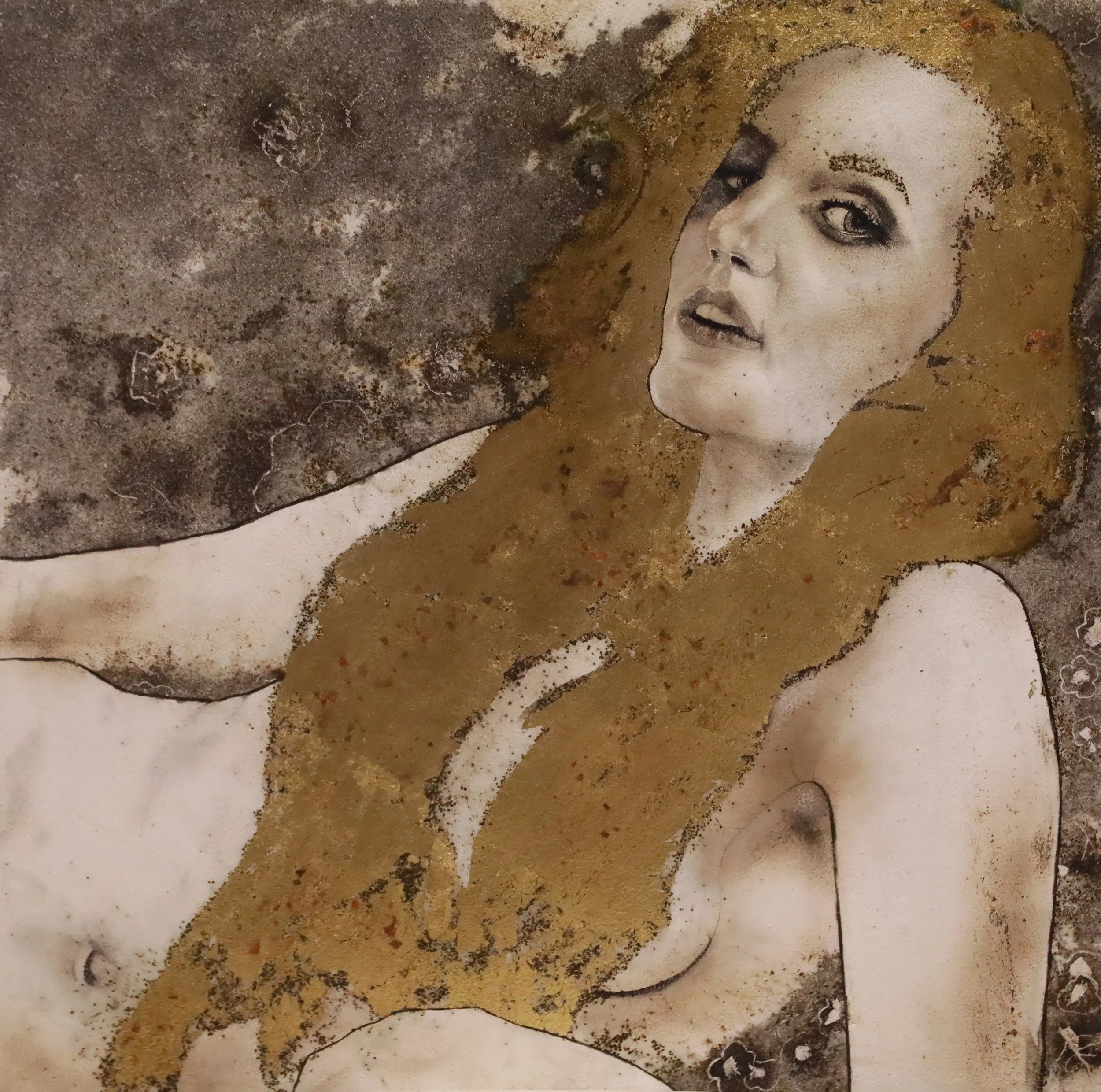 The Kids Are All Just right...or Left
24”H x 24W” (60.96 cm x 60.96 cm)
gun powder, fire, smoke, tar, gold on wood panel