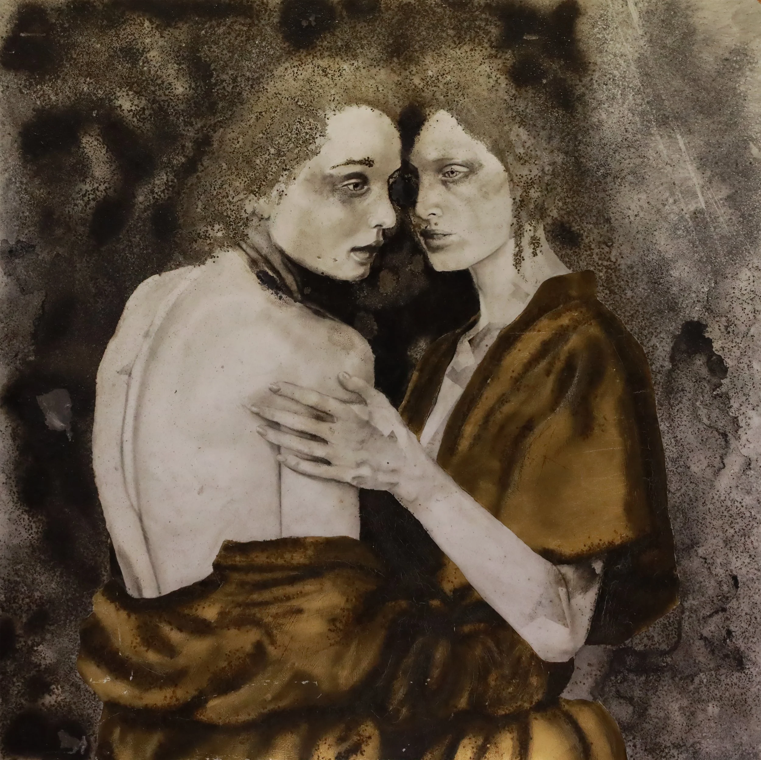 Exes & O's AKA 10 Things Odio Por Ti 
24”H x 24W” (60.96 cm x 60.96 cm)
gun powder, fire, smoke, tar, silver, gold on wood panel