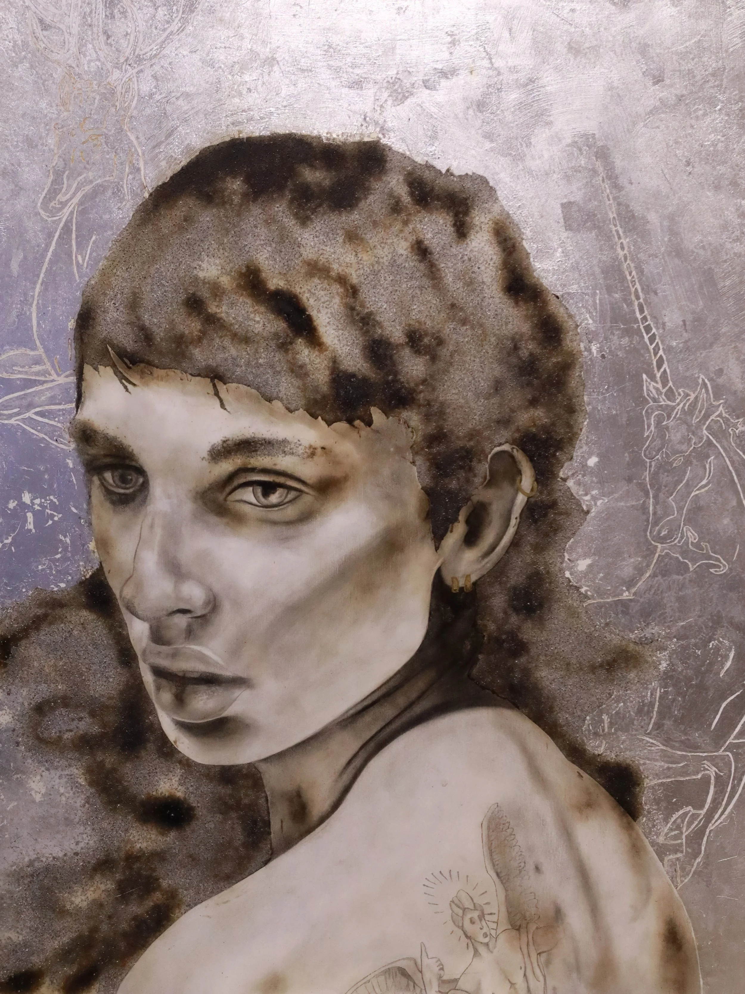 The Mid-Western Catholic Sex and Cookbook How to Raise Wolves
32”H x 24W” I 81.28 cm x 60.96 cm
gun powder, fire, smoke, tar, silver
on wood panel