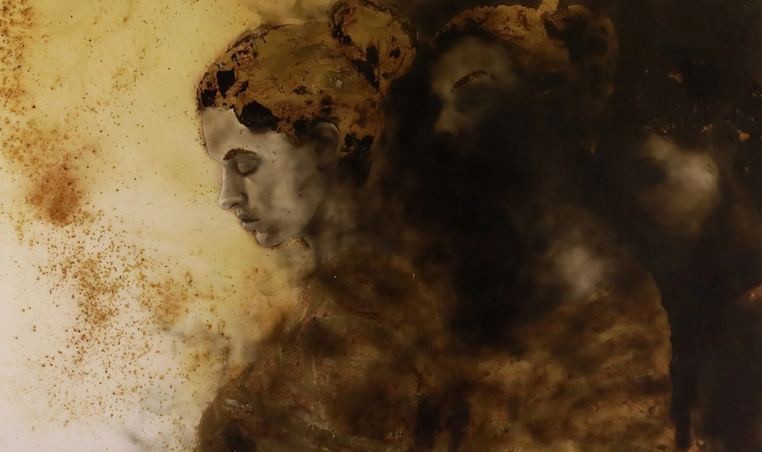 I Was Here
24”H x 42W” (60.96 cm x 106.68 cm)
gun powder, fire, smoke, tar, gold
on wood panel