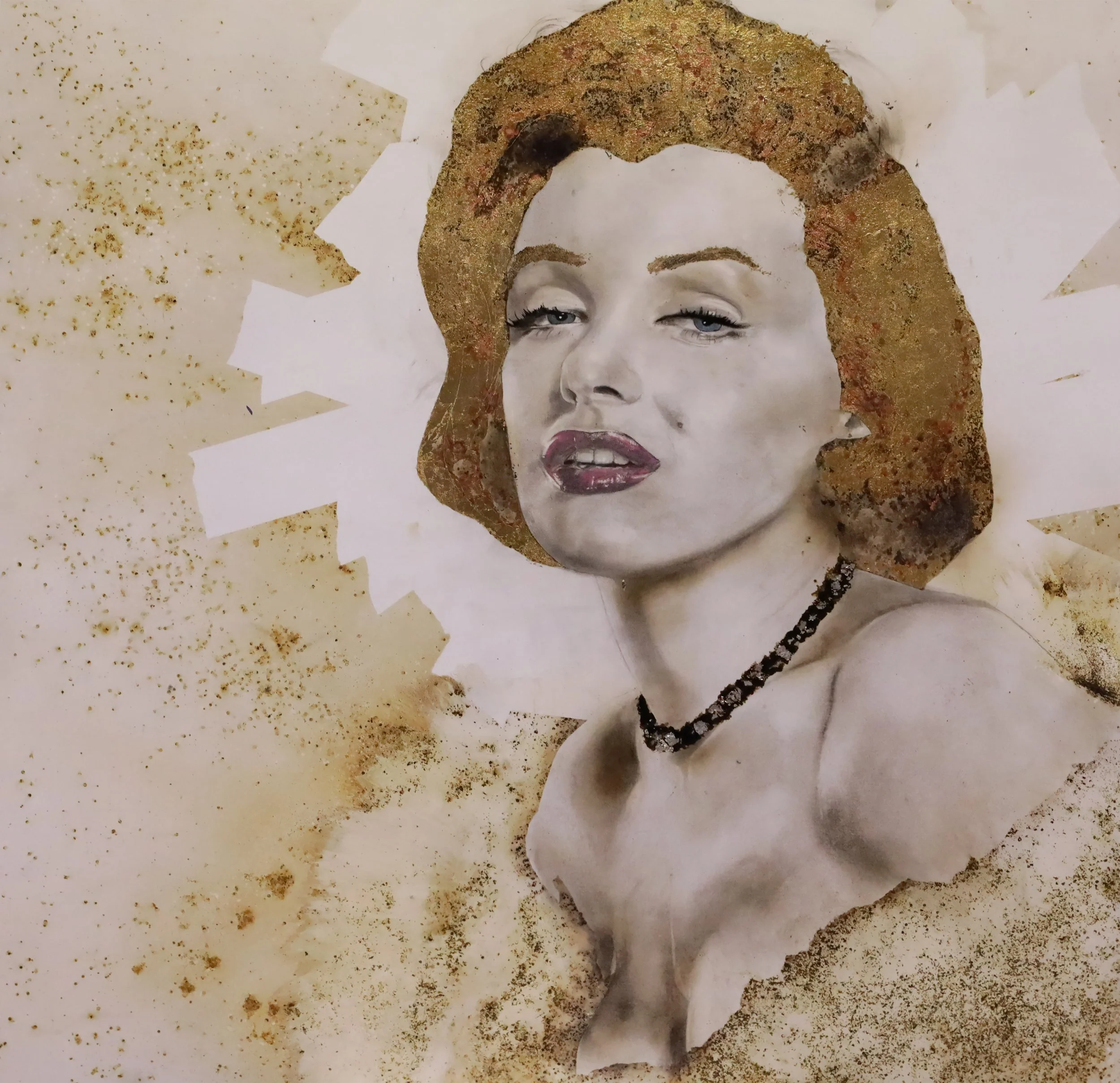 Twice As Bright
32”H x 24W” (81.28 cm x 60.96 cm)
gun powder, fire, smoke, tar, gold
on wood panel