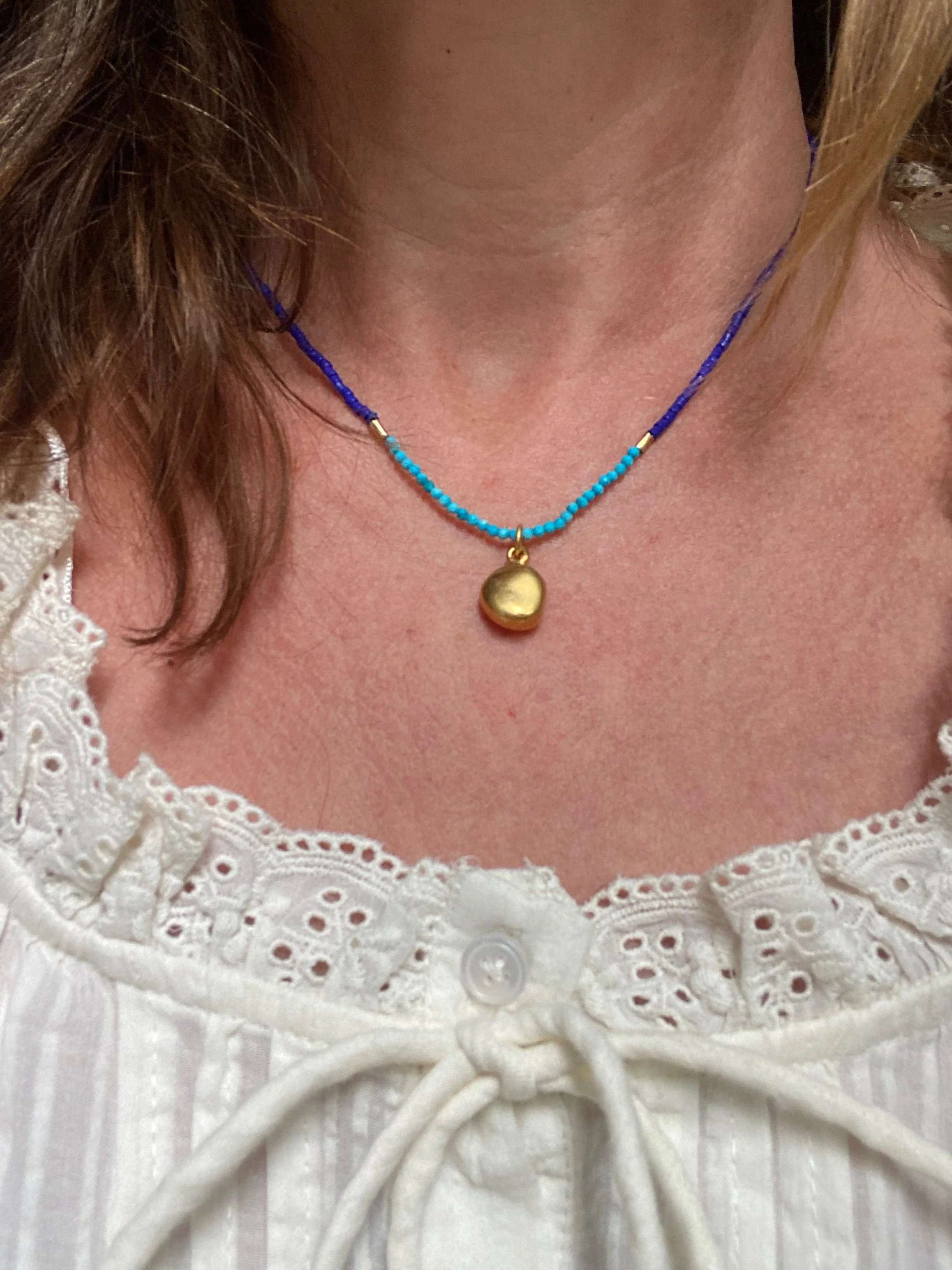 Lapis lazuli, turquoise, 9ct gold necklace