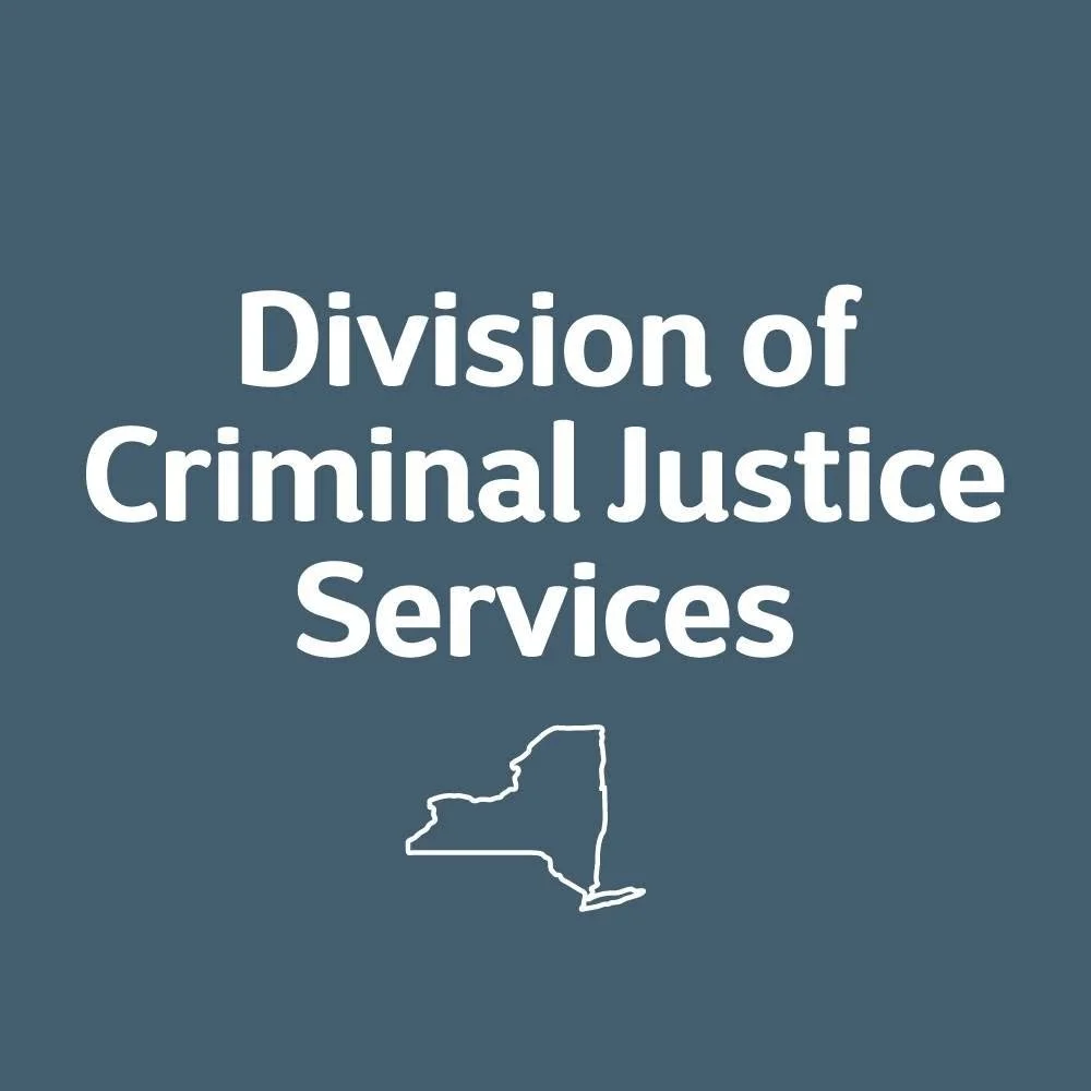 Graphic with dark blue background, white text reading 'Division of Criminal Justice Services' and an outline map of New York State.