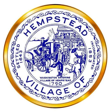 Seal of Hempstead Village, showing Washington entering Hempstead village in 1790, with a horse-drawn carriage and people in period attire.