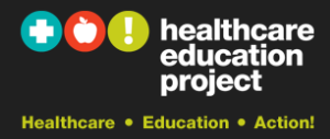 Icons representing healthcare, education, and action with the text 'healthcare education project' and the slogan 'Healthcare • Education • Action!'