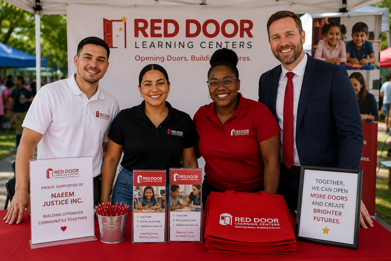 Four people stand behind a table at an outdoor event, smiling at the camera. The table displays promotional materials for Red Door Learning Centers, including signs, brochures, and red tote bags. A banner in the background features the Red Door Learning Centers logo and slogan.