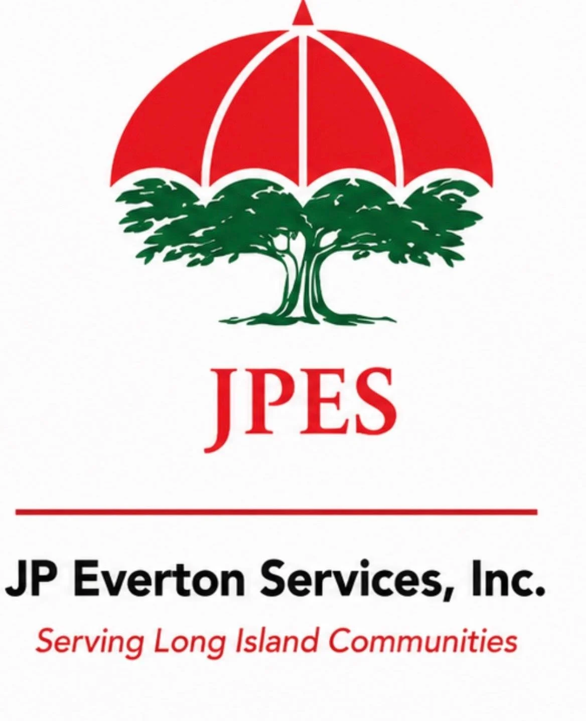 Logo featuring a green tree with a red umbrella-like canopy above it, with the text 'JPES' below, followed by 'JP Everton Services, Inc.' and 'Serving Long Island Communities'.
