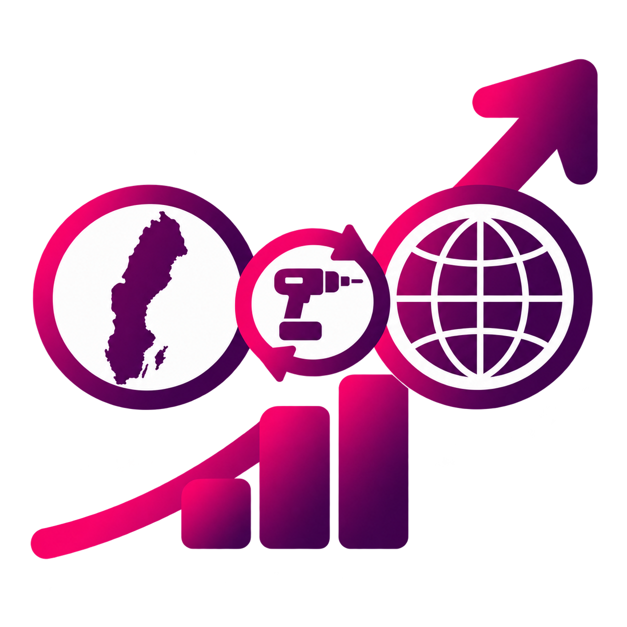 Graf som visar tillväxt med symboler för Sverige, verktyg och globalt nätverk.