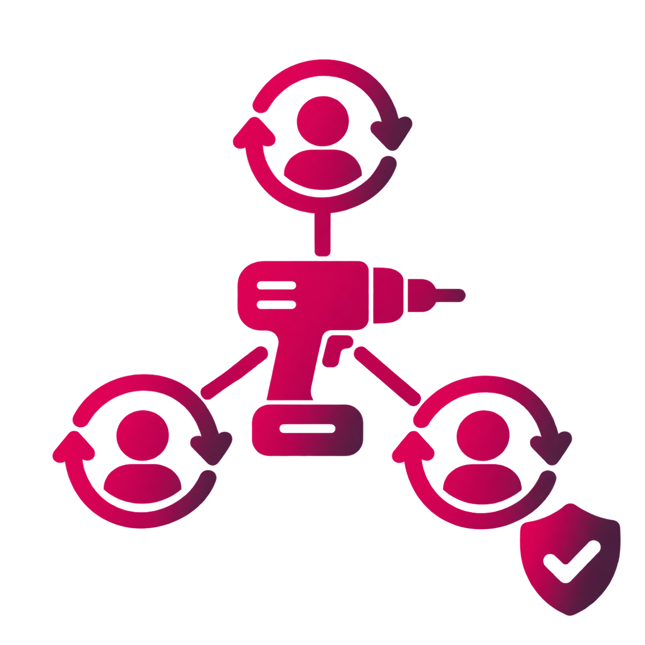 En grafisk illustration av sammanlänkade ikoner som representerar samarbete och tillförlitlighet, där en huvudikon är en router eller kopplingspunkt med tre anslutningar till ikoner av personer, ett cyclical arrow runt centralpersonen och en checkmark-symbol, alla i rosa och lila nyanser.