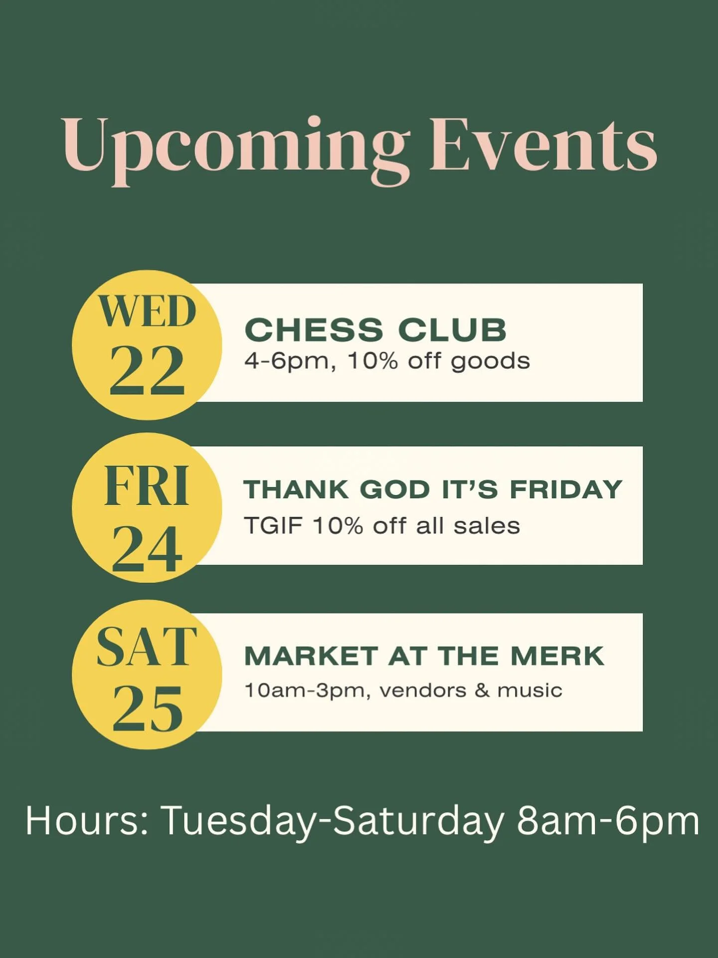 Happy Monday!! ☕️ 

We hope you had a great weekend!! Thank you for joining us on Saturday for swing dancing and merriment!! 😊 Our next swing dance is the 3rd Saturday of November on the 15th at 4pm. 💃🏻 

This week we will have some favorites you 