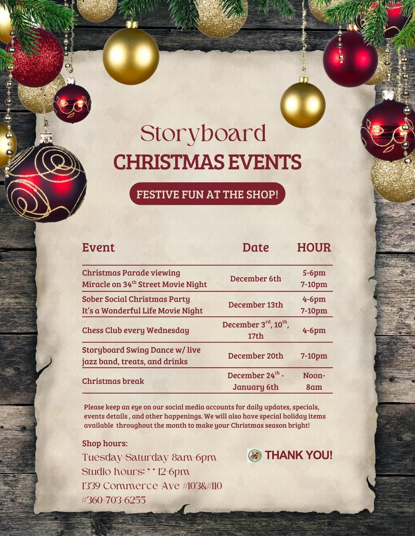 Hello December!! We&rsquo;re so happy to see you!!! 🎄

We have lots of great events and things happening this month, as well as some delicious holiday drinks, pastries, and treats! Keep an eye on our social media accounts for all the latest updates.