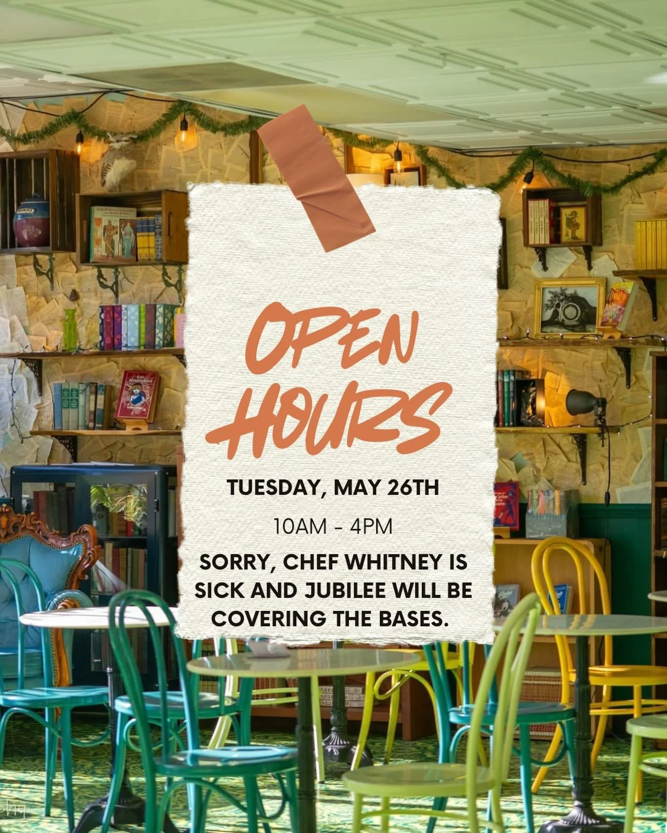 Morning!!

Sorry to share that the Chef has been unwell these last few days and needs to remain home resting today. Jubilee will be opening the cafe at 10am!! There will be freshly baked cookies shortly thereafter, drinks, treats, chocolates, Hilder&