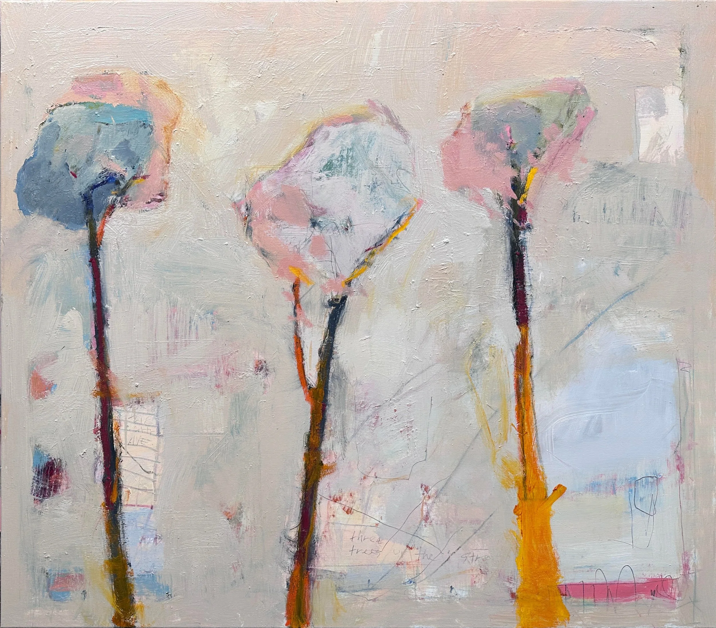 Three Trees on Central Ave in Whitefish, 2025, Oil on Canvas,  46 x 52 1/2 x 1 1/2 in