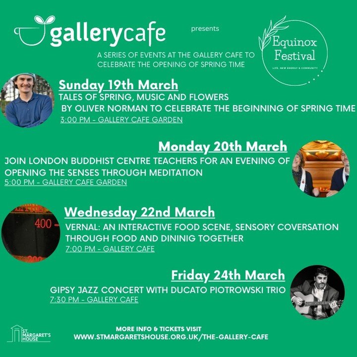 Join our events at the Gallery Caf&eacute; to celebrate the opening of spring time🌺🌎🌓🍀

Sunday 19th March 3:00-4:00PM😊
Tales of spring, music and flowers with Oliver Norman to celebrate the beginning of spring. During the day, the new seasonal m