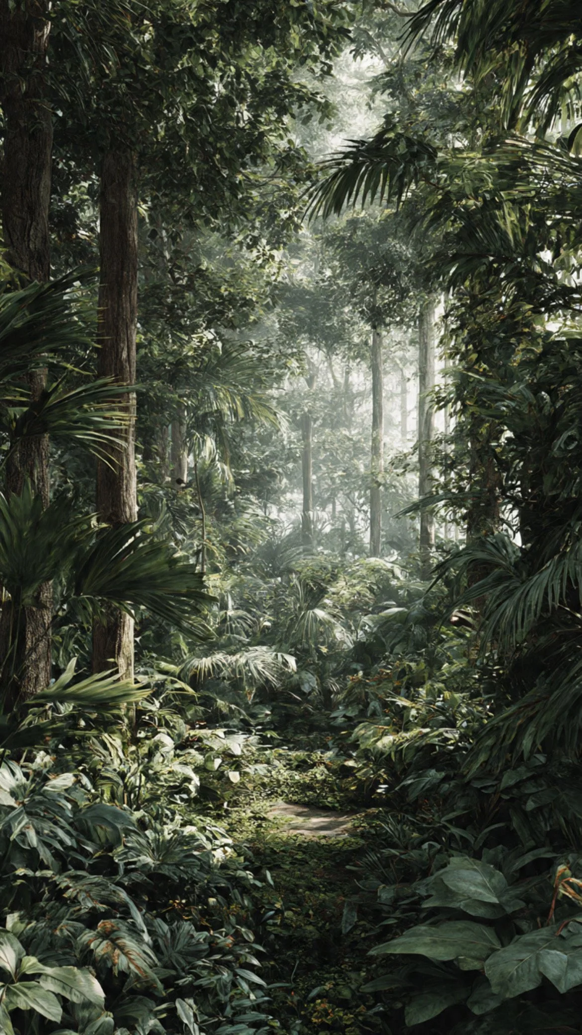 Lush green tropical rainforest with tall trees, large leaves, and a faint mist or fog in the background.