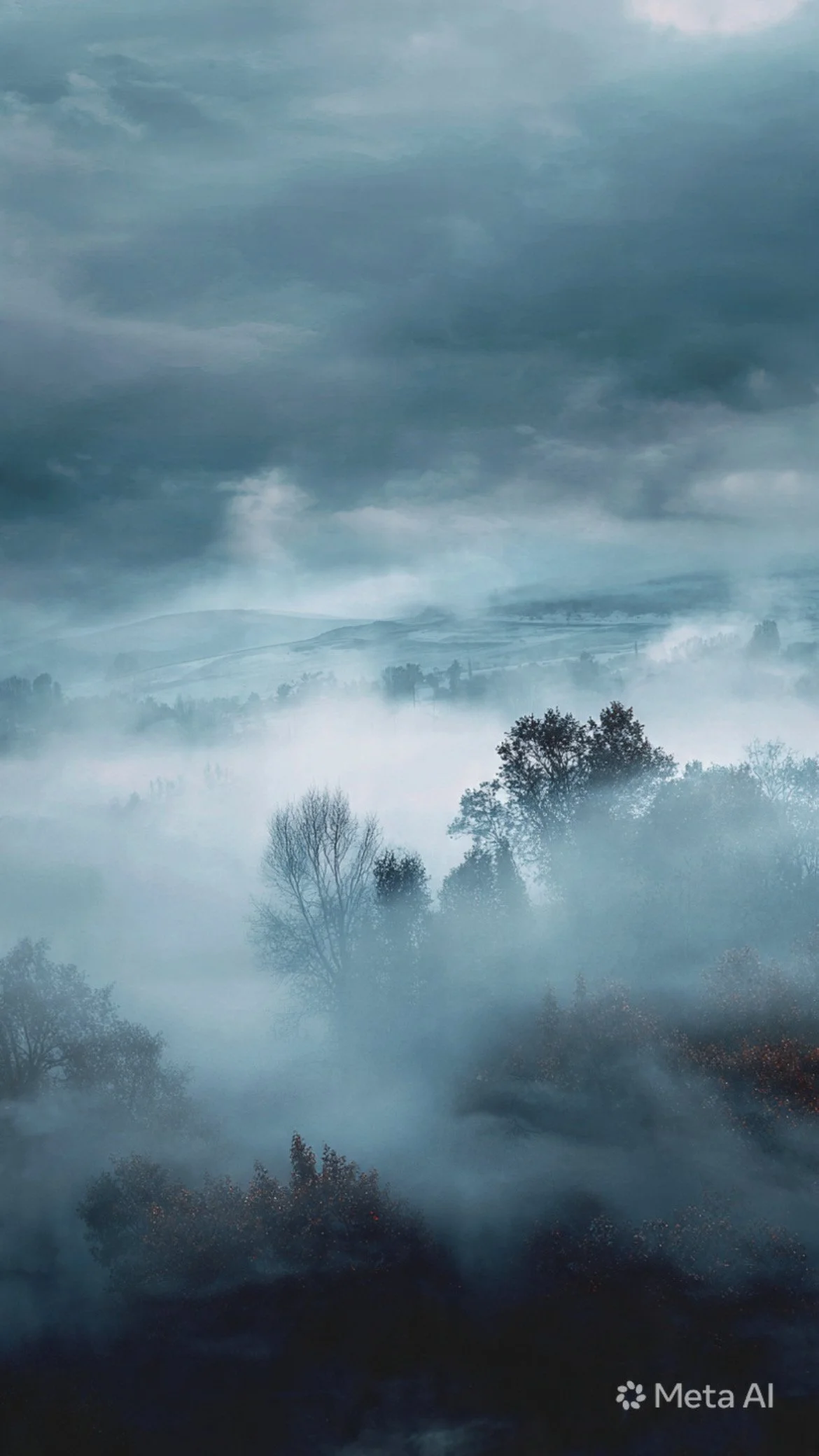 Foggy landscape with trees silhouetted against a blue-gray sky.