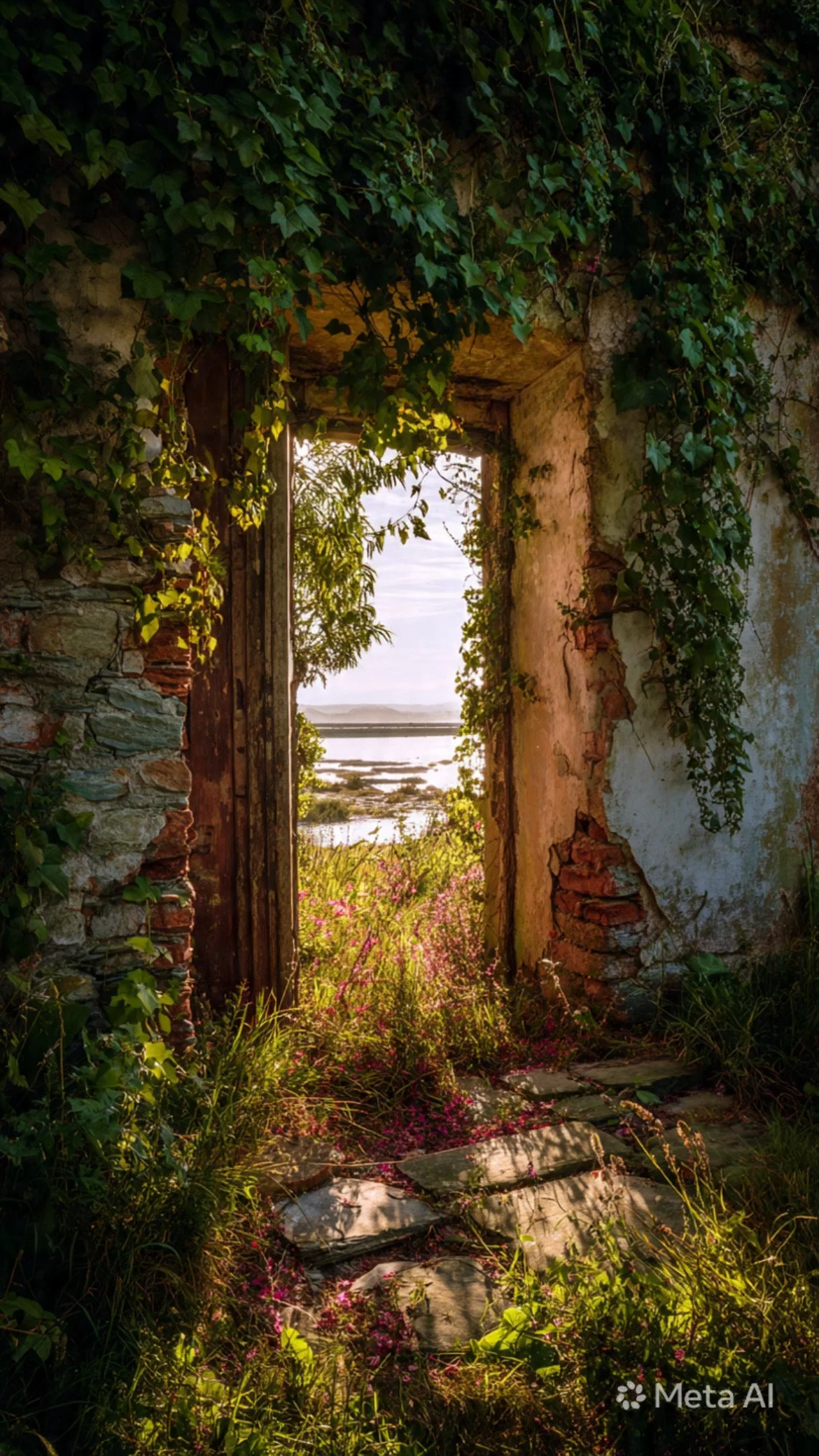View through a broken, vine-covered wall reveals a lush landscape with water, trees, and a cloudy sky at sunset.