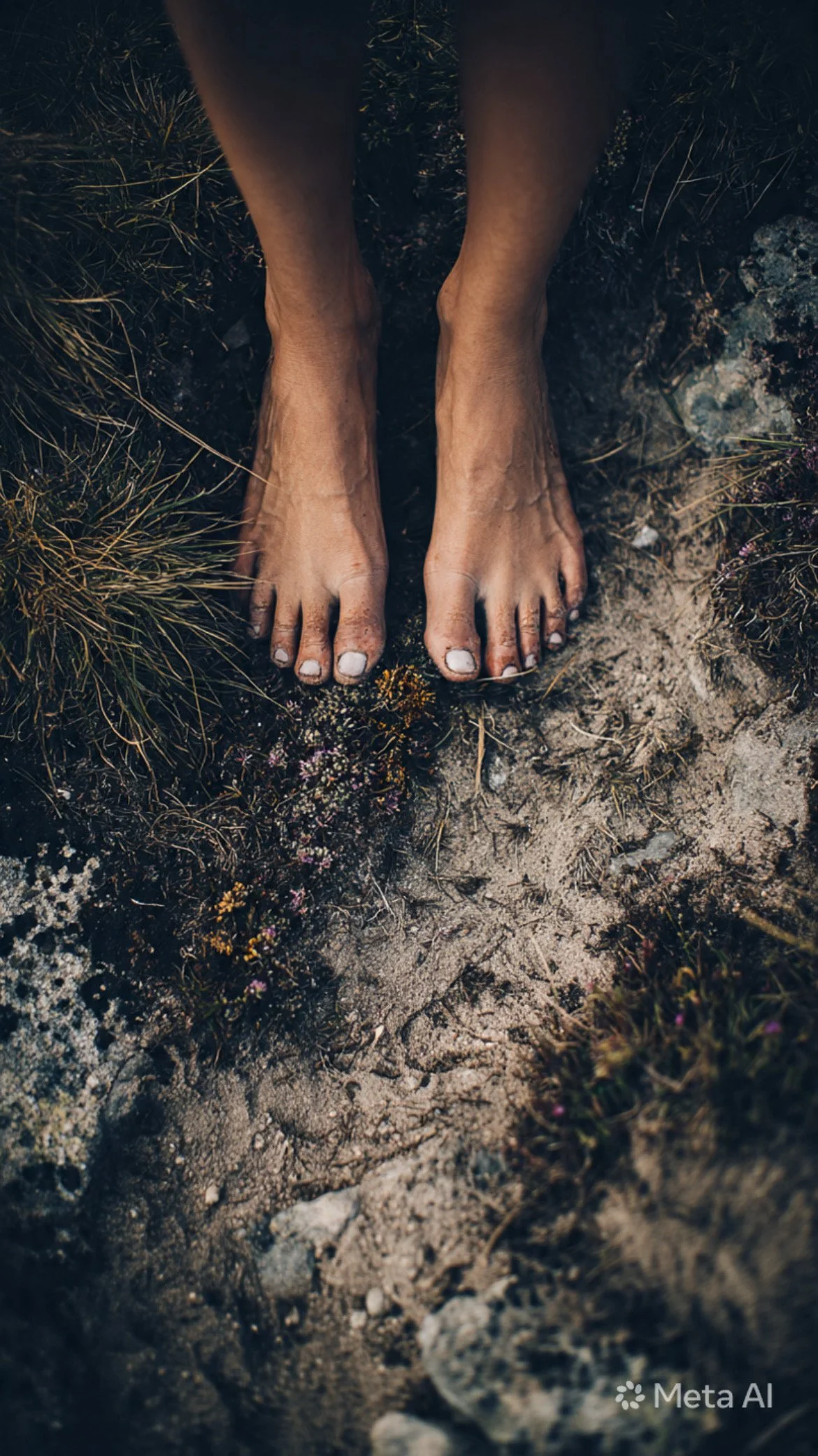 Bare feet standing on dirt and small plants outdoors in natural lighting.