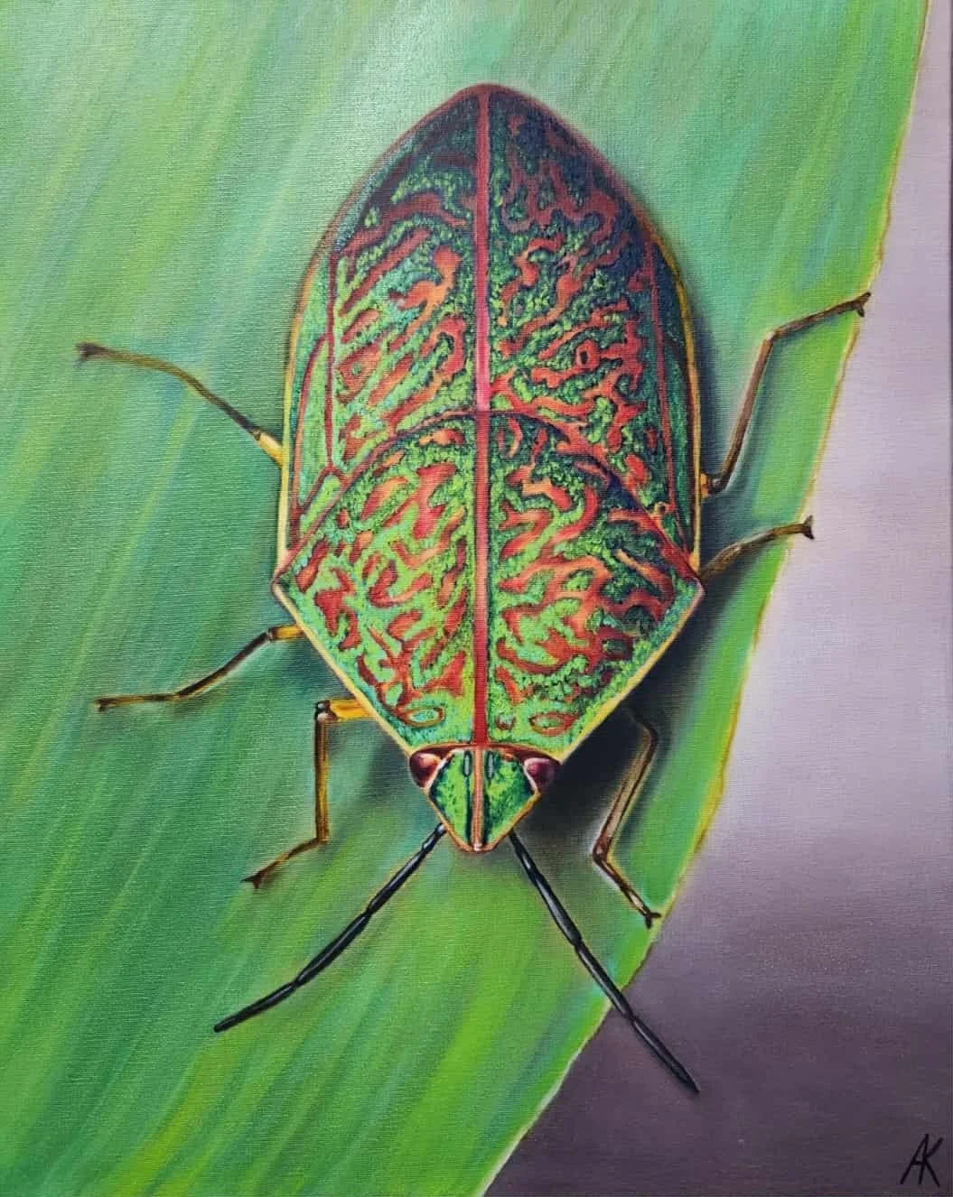 Pu'u Koa / Koa Bug / Coleotichus blackburniae / 
It is Hawaii's largest endemic true bug. /
The Jewel of the Forest / 16"x 20"
oil painting on stretched canvas /
My submission to the Hawaii Nei 2025 at the Wailoa Art Center, in Hilo, Hawaii. /
It won