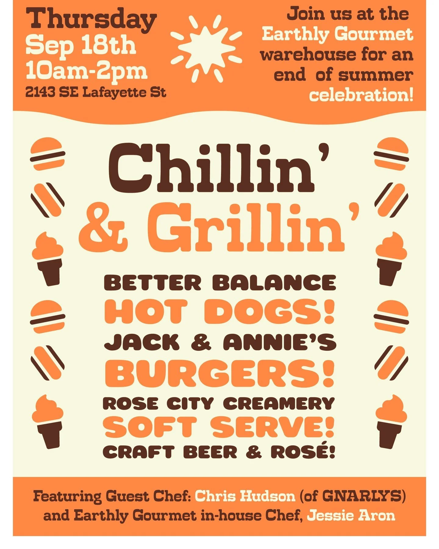 🔥 Chillin&rsquo; &amp; Grillin&rsquo; 🍻

Join us for an end-of-summer hangout featuring:

🌭 Better Balance Hot Dogs
🍔 Jack &amp; Annie's Burgers
🍦 Rose City Creamery Soft Serve
🍺 Craft Beer + Ros&eacute;

Good vibes, great food, cod drinks. Bri