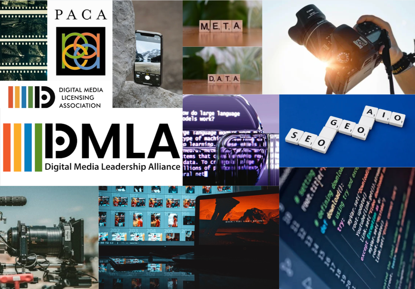 Collage related to digital media, technology, and data. Includes logos for the Digital Media Licensing Association and the Digital Media Leadership Alliance, a camera, a smartphone, Scrabble tiles spelling META and DATA, a DSLR camera, a diagram spelling SEO, an image editing setup with photos and a monitor, a close-up of computer code, and film footage.