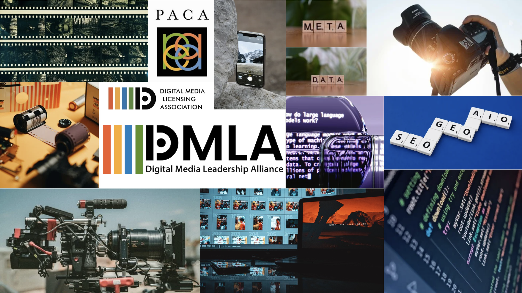 A collage of images related to media, technology, and digital media leadership. It includes a film camera and film reel, a digital camera, a smartphone, a camera with a sun flare, Scrabble tiles spelling 'META' and 'DATA,' computer code, a video editing timeline, a professional cinema camera, a monitor displaying photo or video thumbnails, and logos for the Digital Media Licensing Association (DMLA) and Digital Media Leadership Alliance (DMLA). There are also images of words like 'SEO' and tech-related visuals.