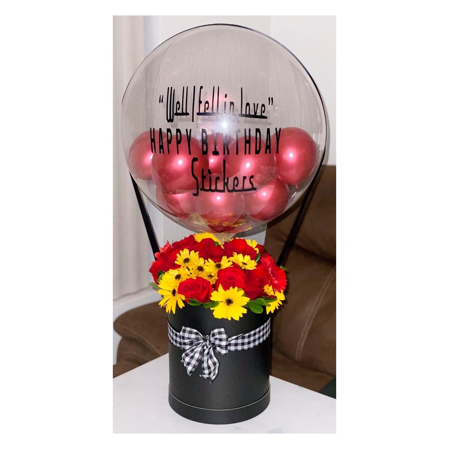 Cars theme roses and sunflowers flower box air balloon arrangement: $115+