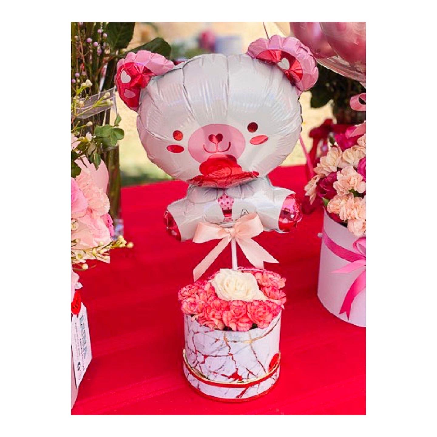 Single rose and carnation filler flower box w/ mini 7" balloon: $20+