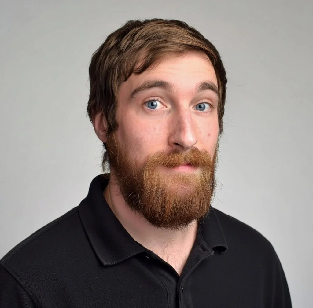 A man with a beard and mustache, light skin, wearing a black polo shirt, looking slightly to the left with a neutral expression against a plain light gray background.