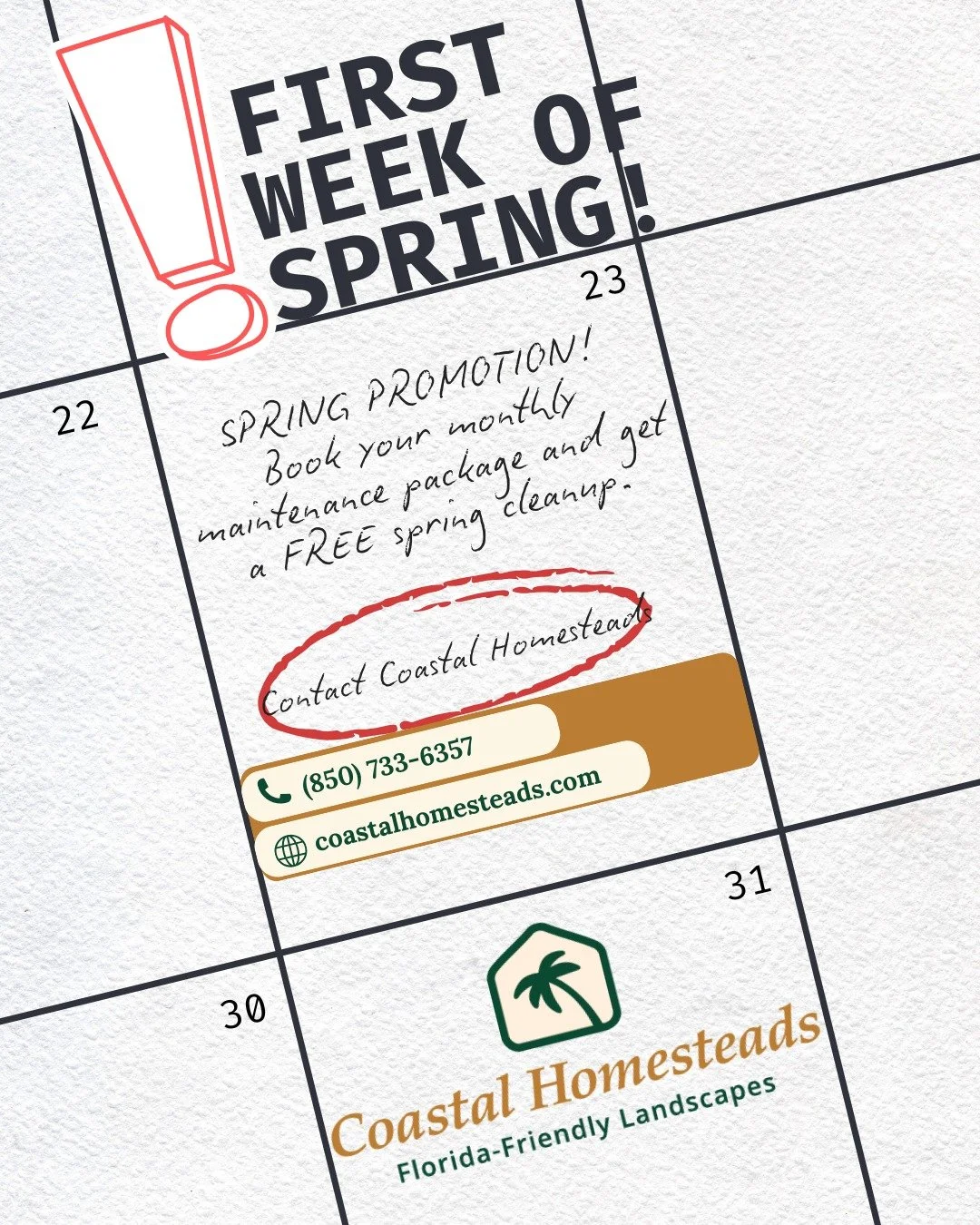Spring is here! Start the season off right with a FREE spring cleanup with Coastal Homesteads by signing up for our monthly maintenance package. 

#PensacolaLandscaping #PensacolaGardens #FloridaShrubs #EastHillPensacola #LowMaintenanceLandscape #Cur