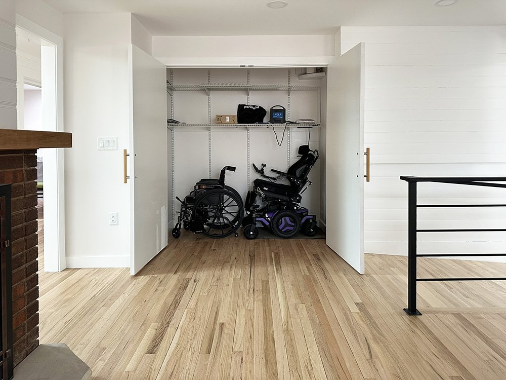 A large closet in the dining room for parking wheelchairs and supplies.