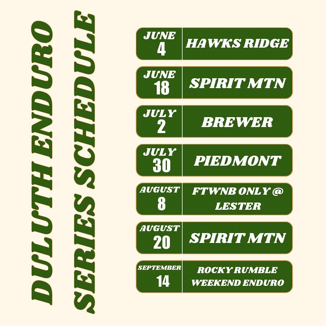 Since this weather feels *almost* like summer we figured we should give folks something to look forward to! We are excited to release the full schedule for this summers Duluth Enduro Series!!

We have another awesome summer lined up for ya&rsquo;ll a