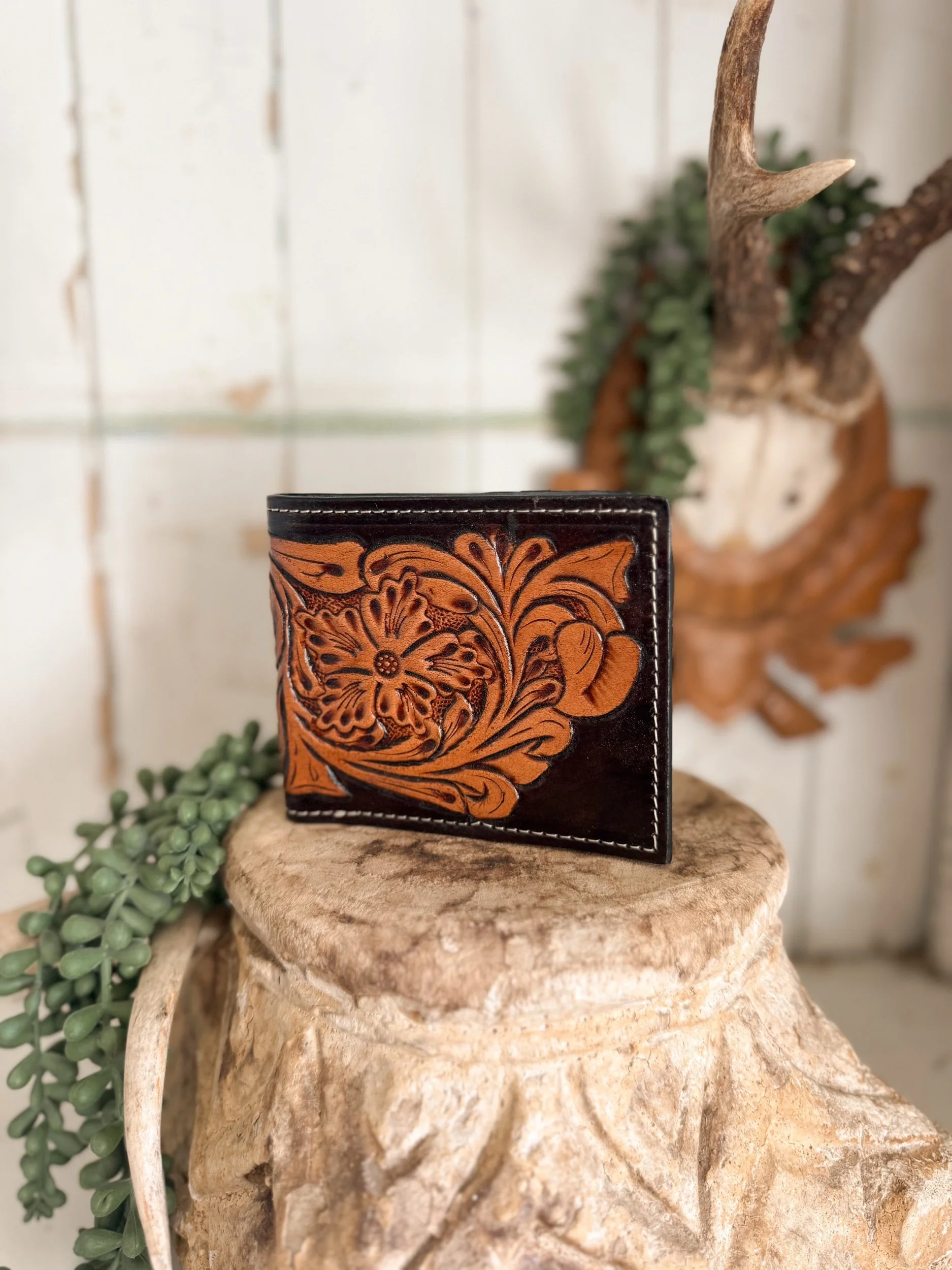 Mens Dark Brown Tooled Wallet