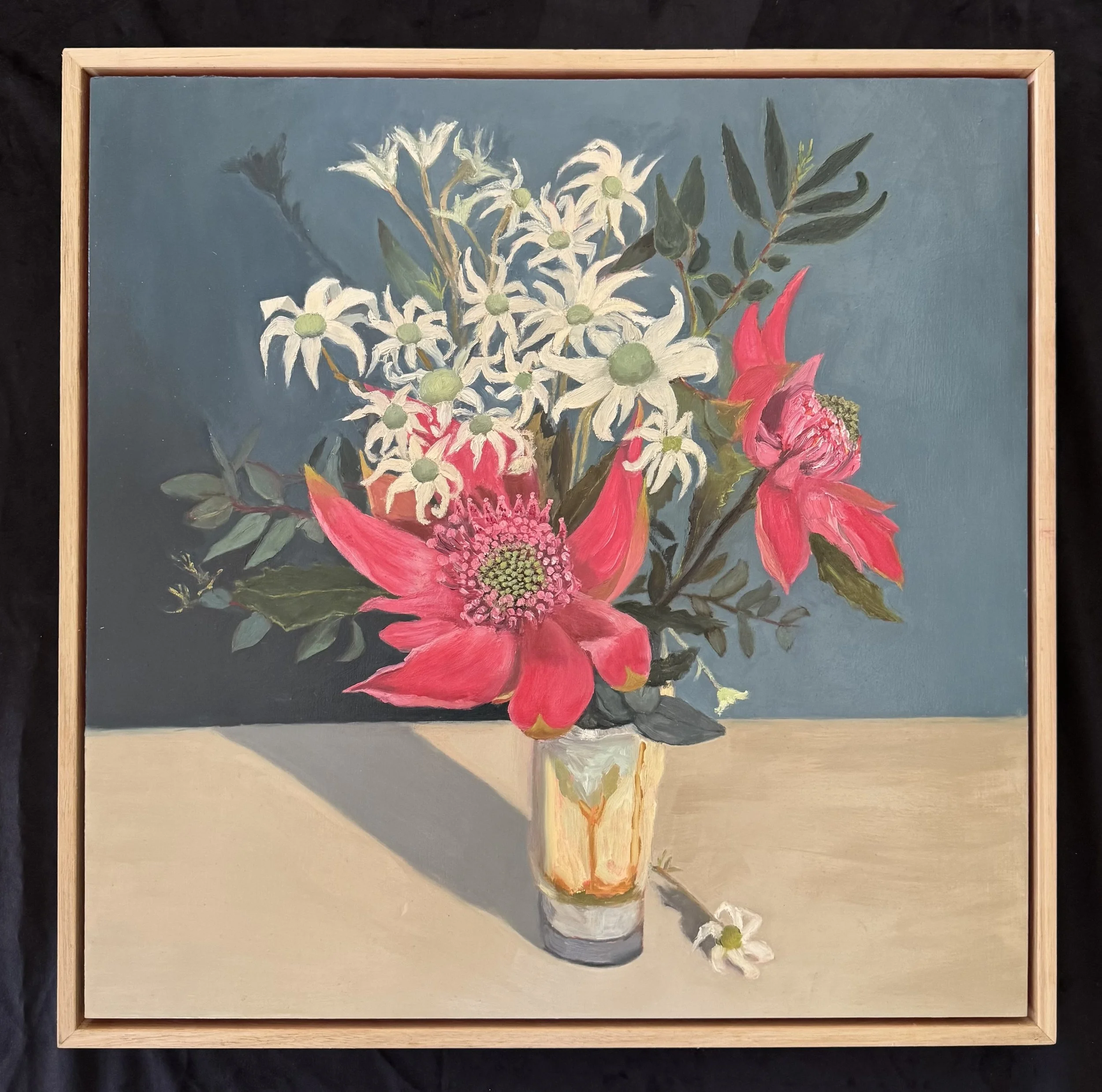 Pinnk Waratahs with wild flannel flowers framed.jpg