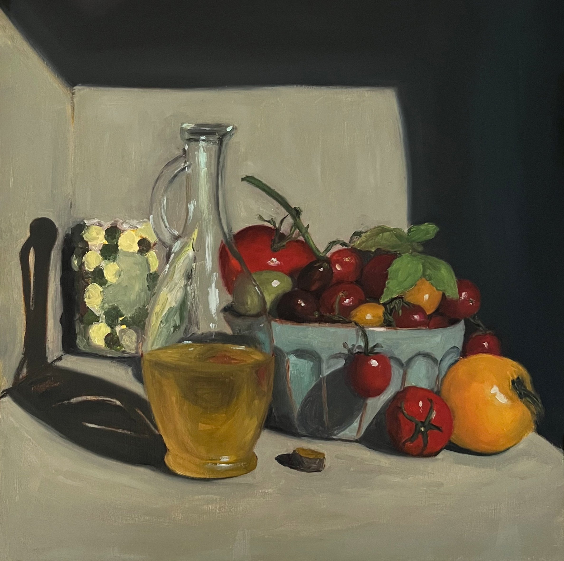 Olive Oil and Tomatoes in a Blue Bowl