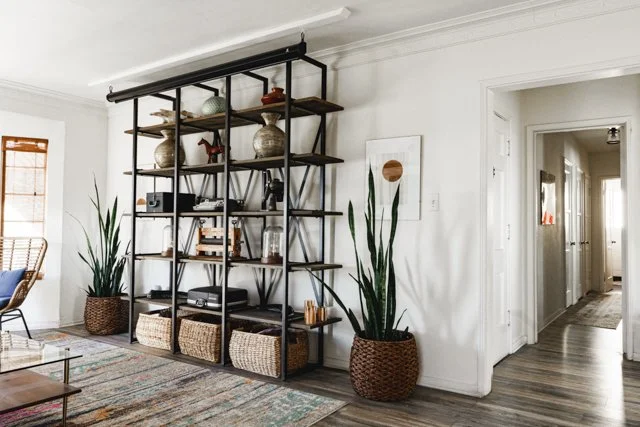 Living room with a black metal and wood shelf, two large potted plants, a rug, and a hallway in the background.