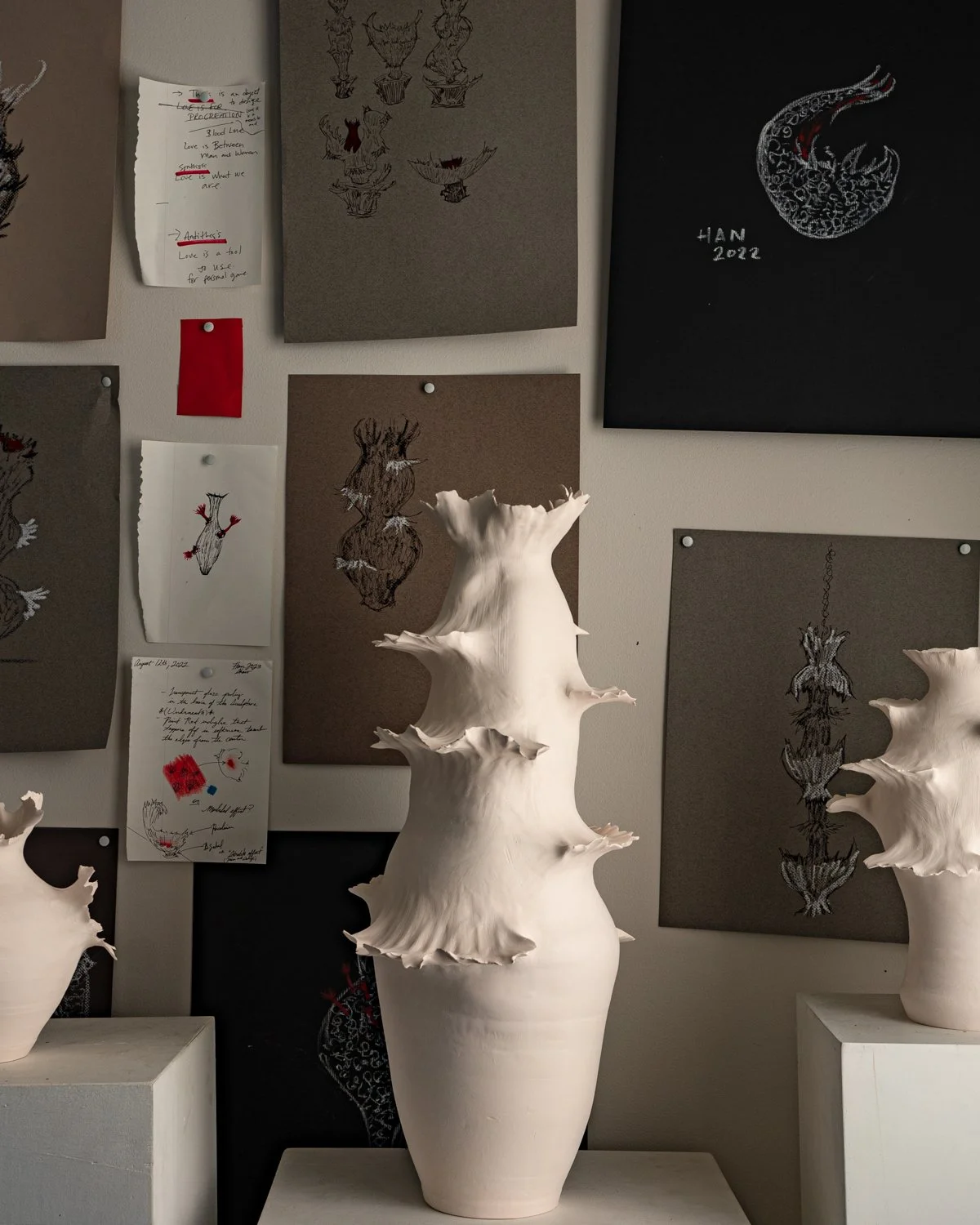 Ceramic sculpture resembling a large, white, spiky shell or coral in a white vase on a pedestal, with sketches and notes on a wall behind.