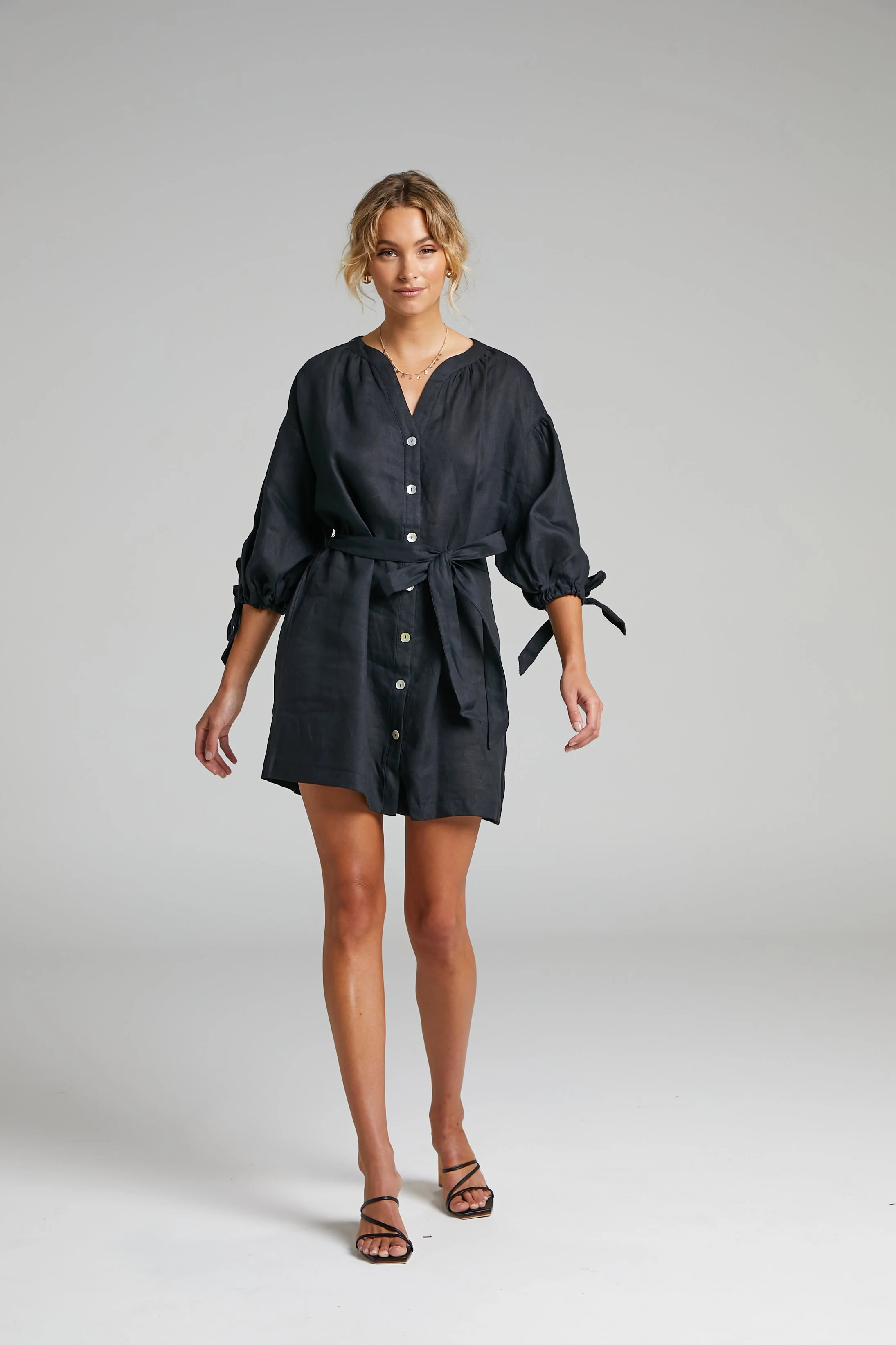 Amalie The Label - Bellafleure Relaxed Fit Balloon Sleeve Button Front Mini Dress in Black (SD2203015202) 2.jpg