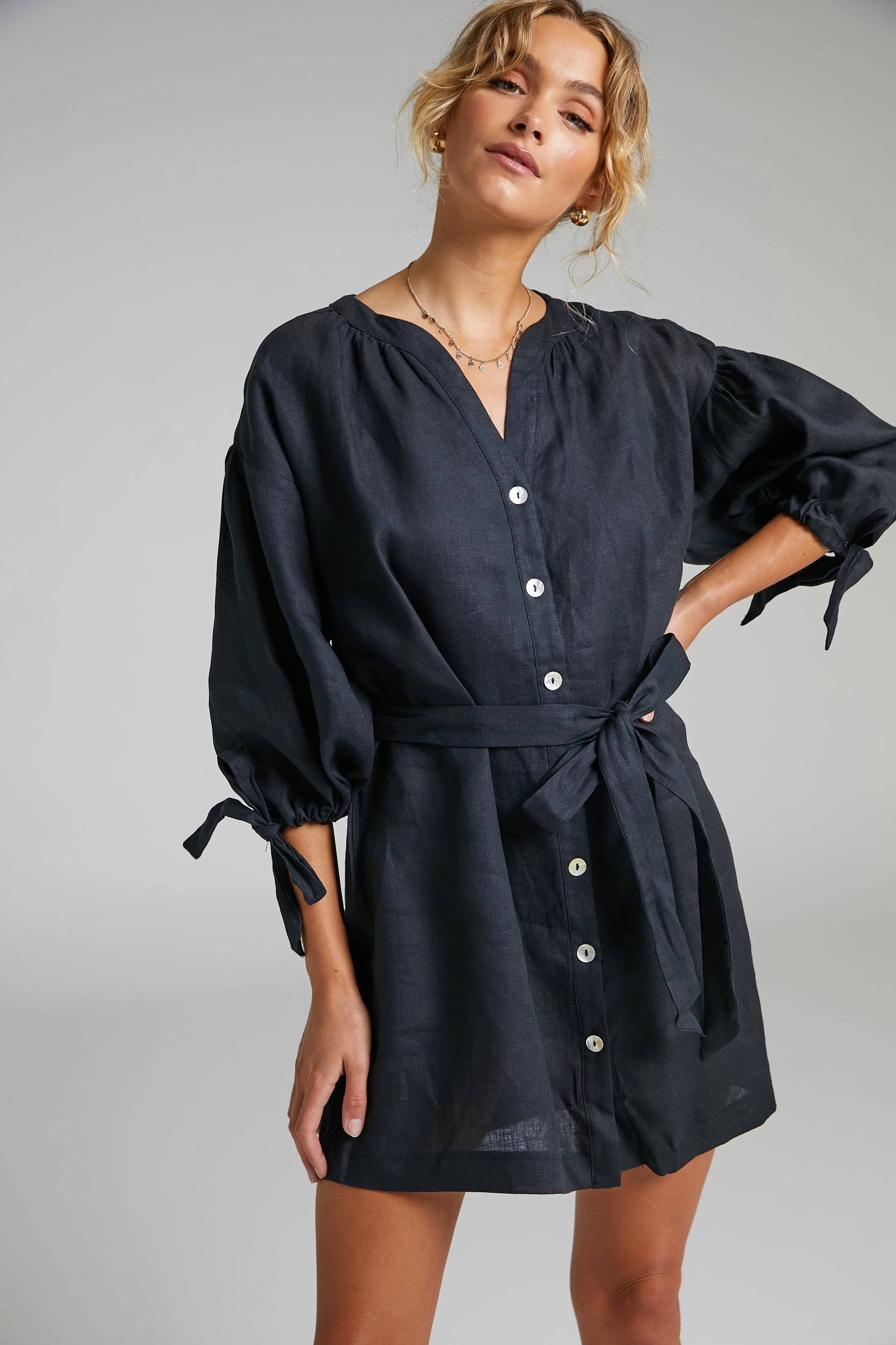 Amalie The Label - Bellafleure Relaxed Fit Balloon Sleeve Button Front Mini Dress in Black (SD2203015202) 8.jpg